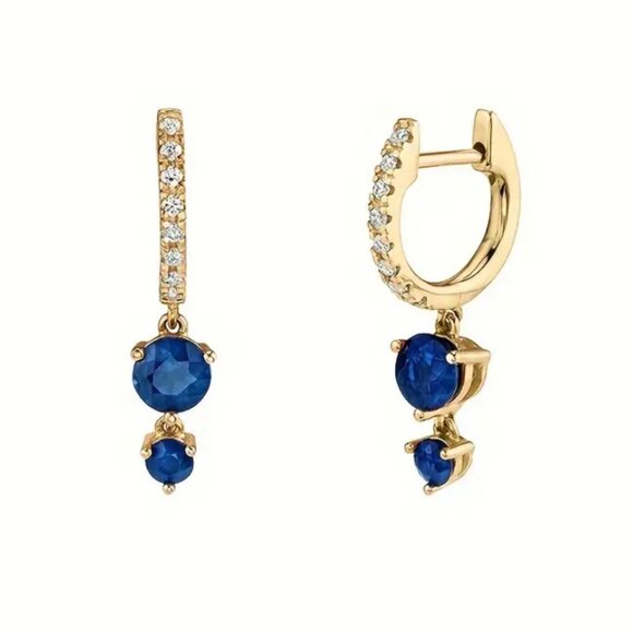 Jewelry - 14K Gold Womens 2ct Blue Sapphire 1ct Diamond Hanging Drop Gemstone Earrings NEW